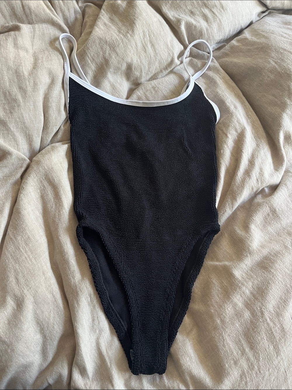 Hunza G Black Textured One-Piece Swimsuit with White Trim - Picture 5 of 7